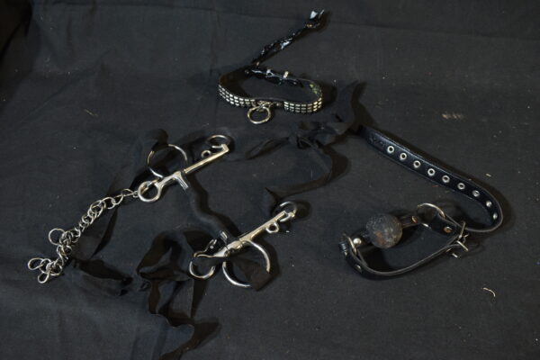 Ball gag, studded collar, bondage gear