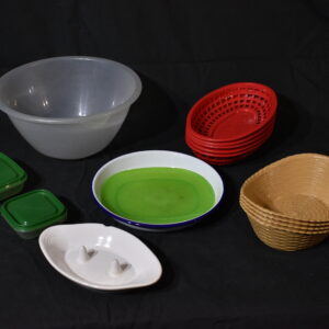 Serving baskets, mixing bowl, Tuperware storage