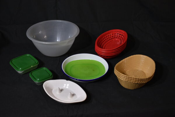 Serving baskets, mixing bowl, Tuperware storage