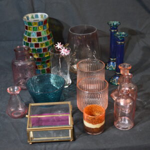 Assorted vases, candlestick, Small bottles, Glass box