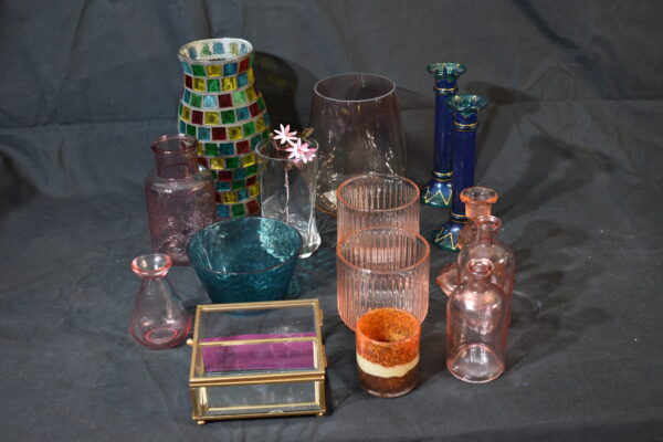 Assorted vases, candlestick, Small bottles, Glass box