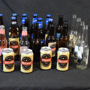 Brown beer bottles, Clear beer bottles, cans, J2O bottles