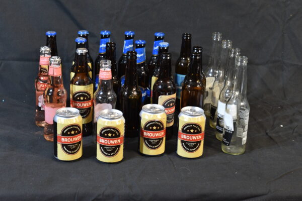 Brown beer bottles, Clear beer bottles, cans, J2O bottles