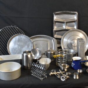 S/S Meat Tray Patter tray tray, Trivet Pastry tray Sauspans, round & oblong cake tin 6 serve dishes jelly mould egg cups  nut dish cream pourer jugs toast rack corkscrew x 3 utensil holder