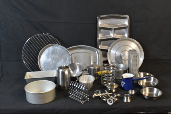 S/S Meat Tray Patter tray tray, Trivet Pastry tray Sauspans, round & oblong cake tin 6 serve dishes jelly mould egg cups  nut dish cream pourer jugs toast rack corkscrew x 3 utensil holder