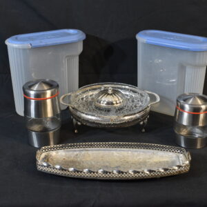 2x storage containers, 2x steel containers, 2x glass containers, silver plated cae tray