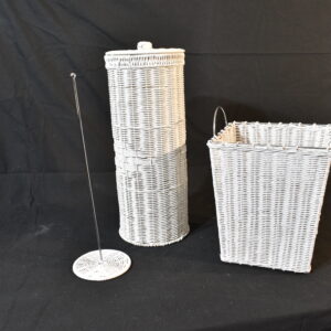 White loo roll holder, loo roll cover & bathroom bin