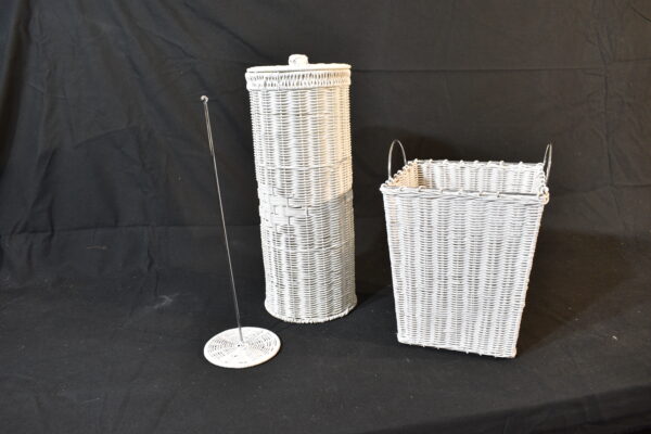White loo roll holder, loo roll cover & bathroom bin